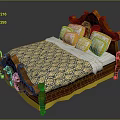 Classic Wooden Carved Bed With Blue Yellow Quilt White Sheets And Yellow Pillows