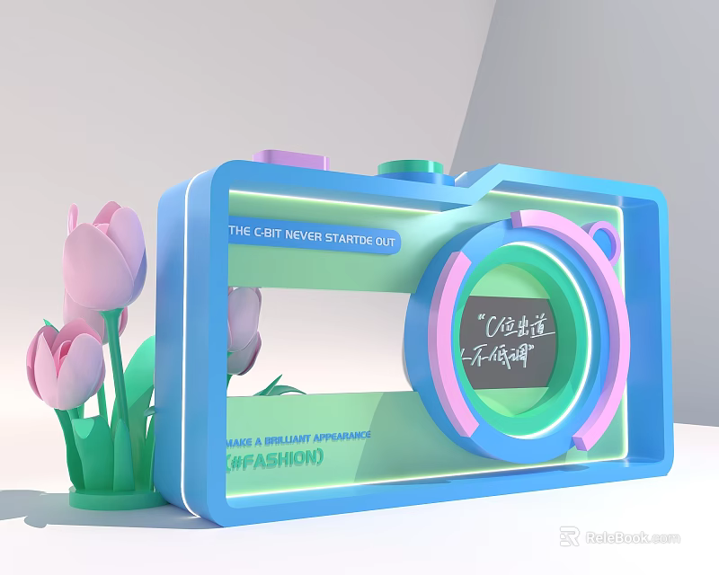 Camera Shaped Photo Check In Spot With Pink Tulips And Neon Lights 3d model 