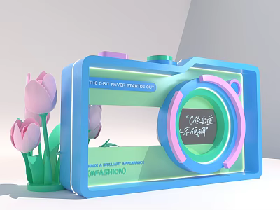 Camera Shaped Photo Check In Spot With Pink Tulips And Neon Lights 3d model