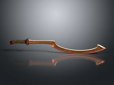 Golden Scimitar with Red and Gold Decorative Hilt on Smooth Surface with Reflection 3d model