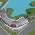 Modern Hotel Building With Curved Design Connected Structures And Waterfront Green Landscape