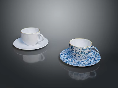 White And Blue Patterned Porcelain Cups With Gold Rim And Matching Saucers 3d model