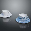 White And Blue Patterned Porcelain Cups With Gold Rim And Matching Saucers