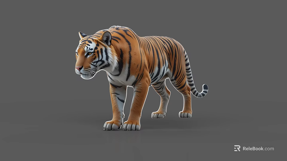 Detailed Realistic Orange Striped Tiger 3D Model Standing On Gray Background 3d model 