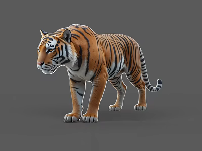 Detailed Realistic Orange Striped Tiger 3D Model Standing On Gray Background 3d model