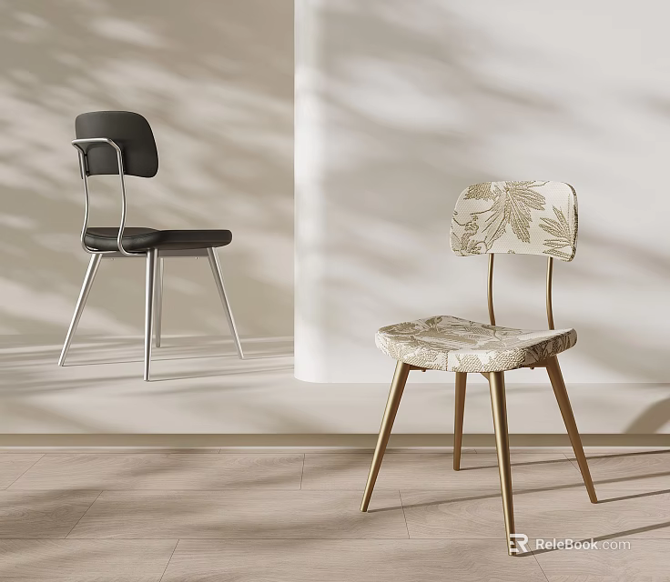 Stylish Single Chairs With Black Metal Legs And Patterned Gold Leg Design In Modern Interior 3d model 