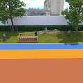 Kindergarten Playground With Trees White Wall Green Lawn Climbing Frames Colorful Ground And Children Playing