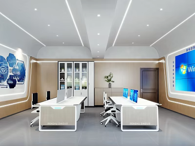 Modern Public Office Space With Wood White Desks Computers And Large Screen 3d model