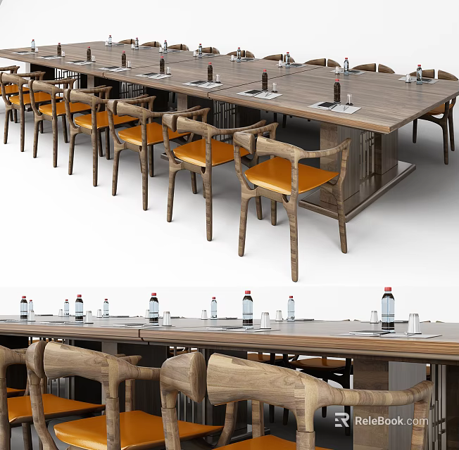 Modern Wooden Conference Table With Orange Cushioned Chairs And Water Bottles In Office Meeting Room 3d model 