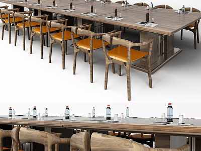 Modern Wooden Conference Table With Orange Cushioned Chairs And Water Bottles In Office Meeting Room 3d model
