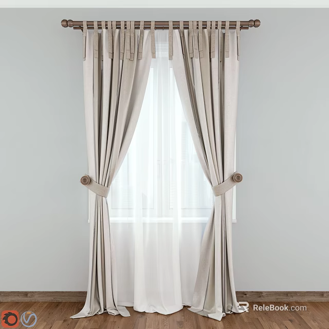 Beige Pleated Curtains With Tiebacks And Sheer Inner Layer For Elegant Home Decor 3d model 