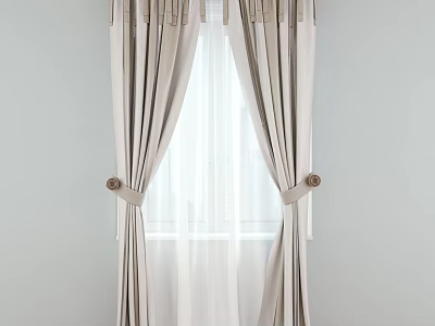 Beige Pleated Curtains With Tiebacks And Sheer Inner Layer For Elegant Home Decor 3d model
