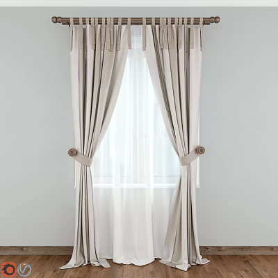Beige Pleated Curtains With Tiebacks And Sheer Inner Layer For Elegant Home Decor 3d model
