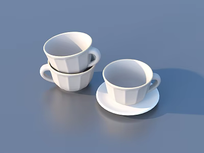 White Dinnerware Set with Three Handle Mugs and One Saucer 3d model