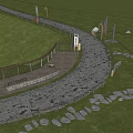 Winding Garden Path Paving With Stone Slabs Wooden Railings And Benches On Grass Lawn
