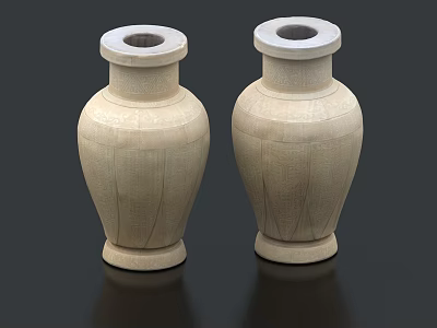 Pair of Beige Ceramic Vases with Intricate Carved Texture on Black Background 3d model