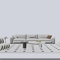 Modern Beige Sofa With Cozy Cushions And White Gray Coffee Table Combination On Geometric Rug