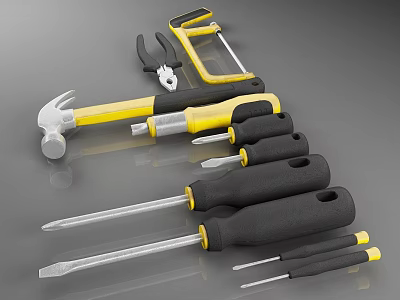 Professional Industrial Hand Tools Including Hammer Screwdriver Saw Pliers With Yellow Black Handles 3d model