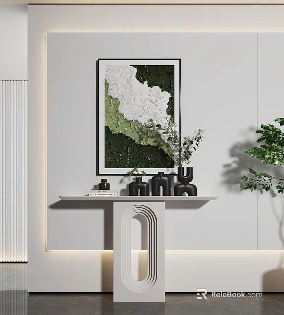 Modern Console Table Interior Design With Wall Art Decorative Items And Green Plant 3d model