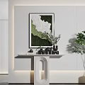 Modern Console Table Interior Design With Wall Art Decorative Items And Green Plant 3d model