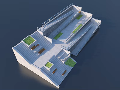 Modern Stepped Outdoor Garden Structure With Green Grass Wooden Benches And Multiple Levels 3d model