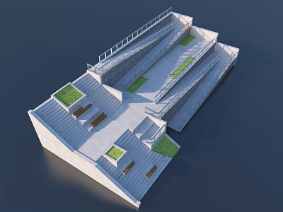 Modern Stepped Outdoor Garden Structure With Green Grass Wooden Benches And Multiple Levels 3d model