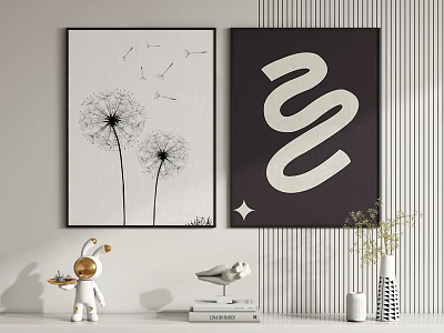 Stylish Interior Wall Art With Dandelion Painting Spiral Design And Decorative Figurines 3d model