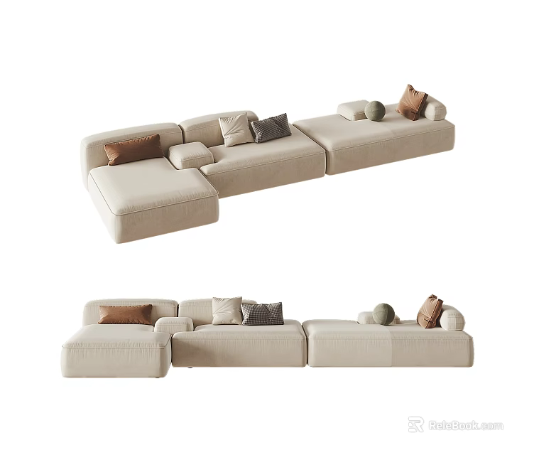 Modern Beige Sectional Sofa With Multiple Mixed Color Cushions And Comfortable Design 3d model