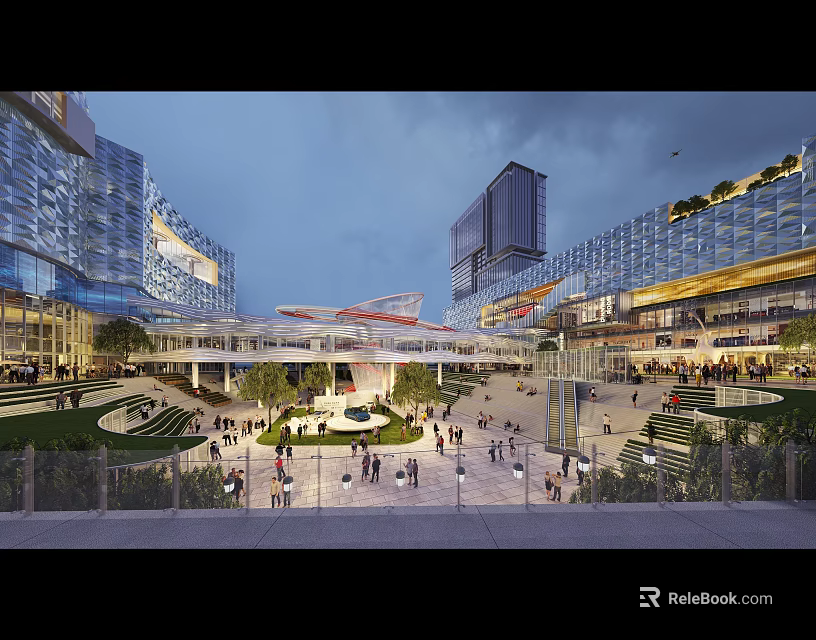 Vibrant Modern Commercial Street Featuring Tall Buildings Open Plaza Pedestrians And Greenery 3d model 