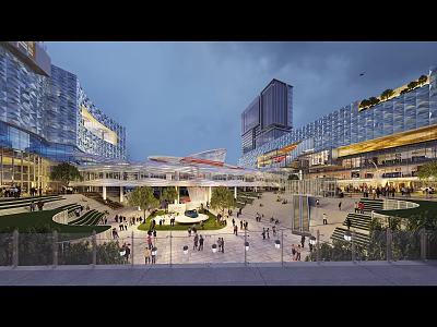 Vibrant Modern Commercial Street Featuring Tall Buildings Open Plaza Pedestrians And Greenery 3d model