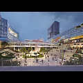 Vibrant Modern Commercial Street Featuring Tall Buildings Open Plaza Pedestrians And Greenery