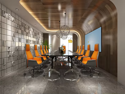 Modern Conference Room Featuring Orange Chairs Long Table Wooden Ceiling Chandelier And Large Screen 3d model