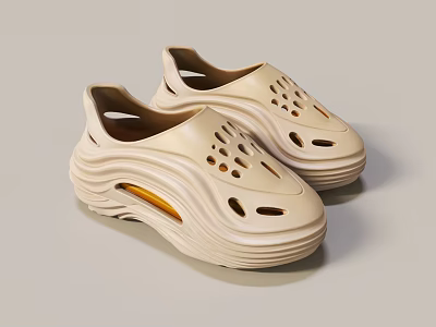 Cream Colored Casual Shoes With Perforated Holes And Layered Wave Sole For Comfort 3d model