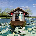 Traditional Wooden Boat With Thatched Roof And Red Lanterns On Lotus Covered Water