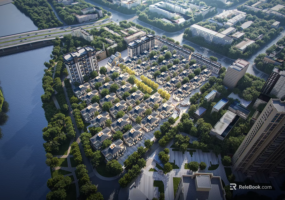 Scenic Riverside Townhouses Community With Lush Greenery And Tree Lined Streets 3d model 