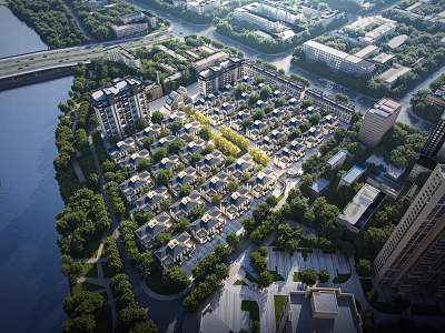 Scenic Riverside Townhouses Community With Lush Greenery And Tree Lined Streets 3d model