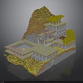 Modern 3D Model Architecture On Mountain Like Terrain With Yellow Hillside And Green Trees