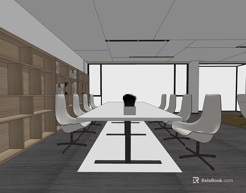 Modern Conference Room Interior With Long Table White Chairs Wooden Shelves And Large Windows 3d model 