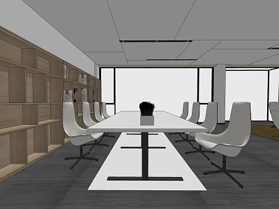 Modern Conference Room Interior With Long Table White Chairs Wooden Shelves And Large Windows 3d model