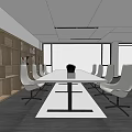 Modern Conference Room Interior With Long Table White Chairs Wooden Shelves And Large Windows