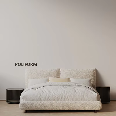 Light Colored Double Bed With Upholstered Headboard Soft Bedding And Dark Nightstands Against Wall 3d model