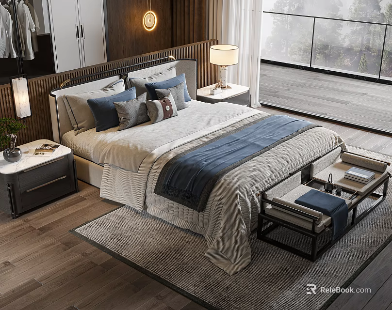 Double Bed in Modern Bedroom With Wooden Floor Floor-to-Ceiling Window Gray Blue Bedding and Table Lamp 3d model 