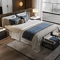 Double Bed in Modern Bedroom With Wooden Floor Floor-to-Ceiling Window Gray Blue Bedding and Table Lamp