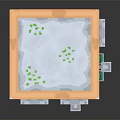 Two story green building model with balconies windows door and roof streamers