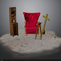 Stylish Furniture Display With Red Armchair Wooden Bookshelf And Small Stool