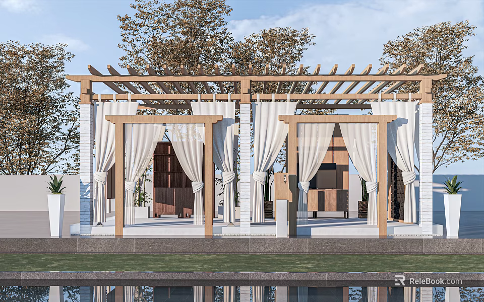 Elegant Modern Outdoor Pergola With Wooden Frame White Curtains And Seating Area 3d model 