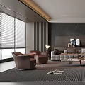 Modern Living Room Interior Design With Grey Sofa Brown Armchairs Stone Wall And Striped Rug