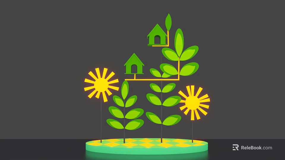 Commercial Display Equipment With Green Leaf Structure Small Houses And Yellow Sunflowers 3d model 
