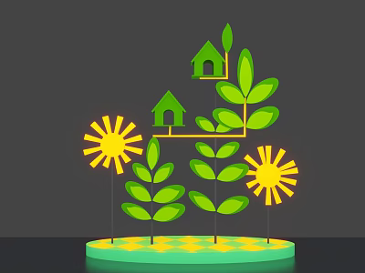Commercial Display Equipment With Green Leaf Structure Small Houses And Yellow Sunflowers 3d model