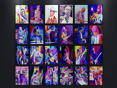 Colorful Figurative Oil Paintings Collection Displayed on Dark Wall with Vibrant Hues 3d model